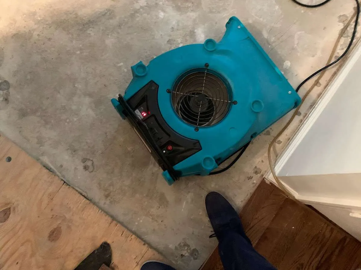 Air mover drying subfloor during Leak Detection & Repair in Plymouth